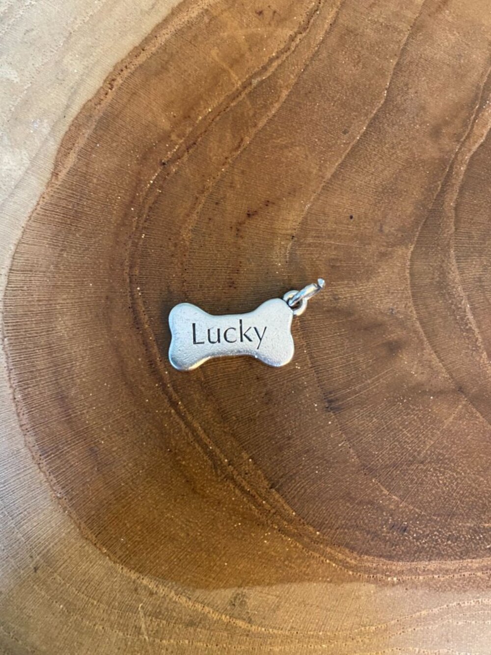 RETIRED James Avery Dog Bone Charm Engraved "Lucky", Sterling Silver